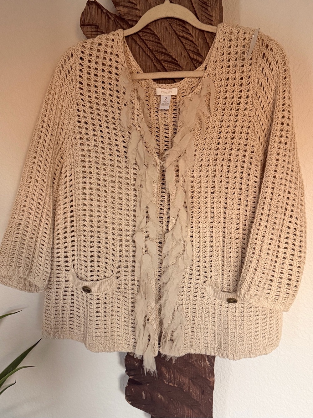 CHICO’s sz 2 sweater Crochet Fringe Cardigan clasps sz L casual western boho